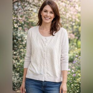 Talbots white Women's Cardigan Sweater. Cotton/rayon blend. Pointelle overlay LG
